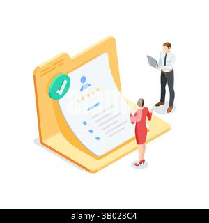 Isometrischer Vektor geöffneter Ordner mit einem Bewerbungsformular und Geschäftsleuten, in Farbe auf weißem Hintergrund, genehmigten Kandidaten für eine Stelle o Stock Vektor
