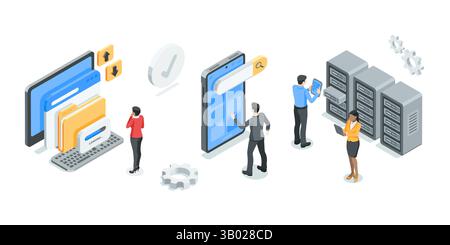 Isometrische Vektoren, die mit Daten in der Nähe von Ccomputern und Smartphones arbeiten, in Farbe auf weißem Hintergrund, Cloud-Datenspeicherung oder Servertechnologie Stock Vektor