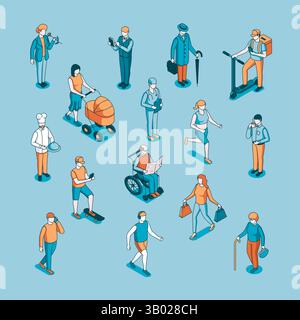 Isometrische Vektorgruppe von Menschen unterschiedlichen Geschlechts und Alters und Berufen in linearer Form, in Farbe auf blauem Hintergrund, Gesellschaft oder Nation Stock Vektor