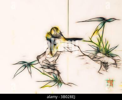 Eine abstrakte Komposition mit stilisierten Darstellungen eines Vogels inmitten zarter, fließender Linien, die eine natürliche Landschaft suggerieren, ergänzt durch Anklänge lebendiger Farben im Laub., Klassische Kunst mit modernem Touch, neu interpretiert von Artotop Stockfoto