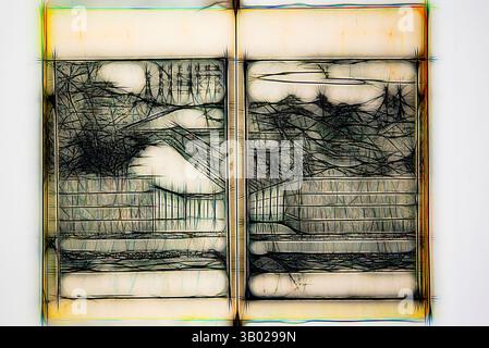 Eine stilisierte Darstellung einer ruhigen Landschaft mit Hügeln, Bäumen und einem fließenden Gewässer, präsentiert auf abstrakte, strukturierte Weise, die Linien und Formen betont. Klassische Kunst mit modernem Touch, neu interpretiert von Artotop Stockfoto