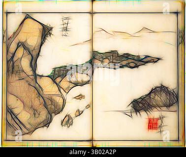 Eine stilisierte Landschaft mit abstrakten Felsformationen und sanft fließendem Wasser, mit schwachen Bergen im Hintergrund und zarten Linien, die eine ruhige und minimalistische Szene suggerieren. Ein dezenter roter Stempel fügt ein Element traditioneller Kunstfertigkeit hinzu. Klassische Kunst mit einem modernen Touch, der von Artotop neu interpretiert wurde Stockfoto