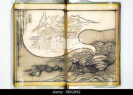 Eine künstlerische Interpretation eines offenen Buches mit einer ruhigen Landschaft, mit komplizierten Linien und abstrakten Formen, die Berge, einen fließenden Fluss und üppige Vegetation darstellen und eine traumhafte und ätherische Atmosphäre schaffen. Klassische Kunst mit einem modernen Touch, neu interpretiert von Artotop Stockfoto