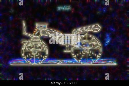 Eine stilisierte Darstellung eines Vintage-Wagens, beleuchtet mit leuchtenden Neonkonturen vor einem dunklen, strukturierten Hintergrund. Das komplizierte Design betont die Räder und die Struktur, schafft ein Gefühl von Bewegung und historischem Charme. Klassische Kunst mit modernem Touch, neu interpretiert von Artotop Stockfoto