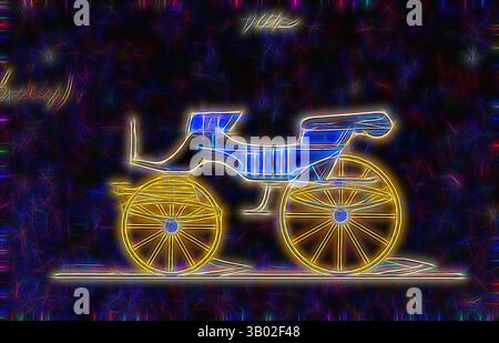 Eine stilvolle Darstellung eines Vintage-Wagens mit elegant gestalteten Rädern und einem stromlinienförmigen Sitz, beleuchtet mit leuchtenden Neonfarben vor kontrastierendem Hintergrund. Klassische Kunst mit modernem Touch, neu interpretiert von Artotop Stockfoto