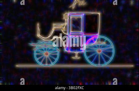 Ein Vintage-Wagen mit komplizierten Rädern und eleganten Details, beleuchtet in einem lebendigen, leuchtenden Stil vor dunklem Hintergrund, der ein ätherisches und künstlerisches Gefühl schafft. Klassische Kunst mit modernem Touch, neu interpretiert von Artotop Stockfoto