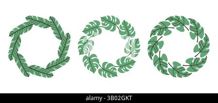 Einfaches Set aus tropischen Blättern mit rundem Rahmen. Helle Illustration für Karte, Einladungskarte für Hochzeit, Geburtstag und anderen Feiertag Stock Vektor