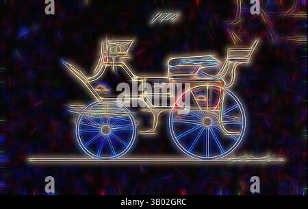 Eine stilisierte Darstellung eines Vintage-Kutschwagens mit komplizierten Rädern und elegantem Design, beleuchtet vor dunkler Kulisse mit lebhaften, wirbelnden Farben. Klassische Kunst mit modernem Touch, neu interpretiert von Artotop Stockfoto