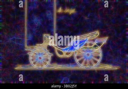 Ein Vintage-Wagen mit komplizierten Rädern und einem anmutig geformten Sitz, beleuchtet mit lebhaften, farbenfrohen Linien vor dunklem Hintergrund, schafft einen auffälligen visuellen Kontrast. Klassische Kunst mit modernem Touch, neu interpretiert von Artotop Stockfoto