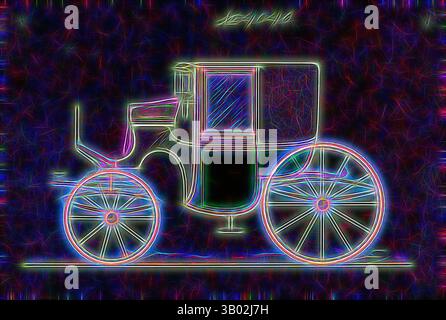 Ein Vintage-Wagen mit komplizierten Details und großen Rädern wird von leuchtenden, neonähnlichen Konturen beleuchtet, die einen fesselnden Kontrast vor dunklem Hintergrund schaffen. Klassische Kunst mit modernem Touch, neu interpretiert von Artotop Stockfoto