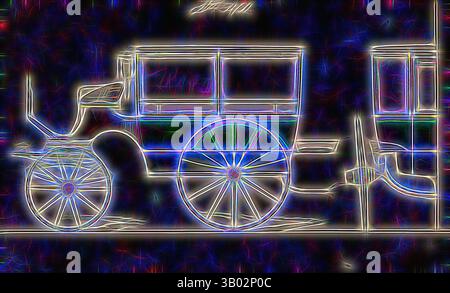 Ein Vintage-Wagen mit komplizierten Rädern und eleganten Linien, beleuchtet von einem lebendigen, leuchtenden Effekt, der ihm ein einzigartiges, surreales Aussehen verleiht. Klassische Kunst mit modernem Touch, neu interpretiert von Artotop Stockfoto