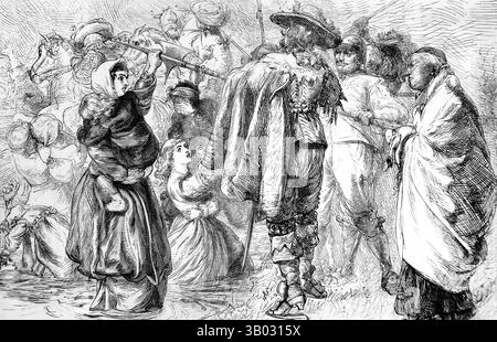 Illustration englischer Protestanten aller Altersgruppen, die von den Katholiken in Trelawney während des irischen Massakers von 1641 in das Meer gezwungen wurden, zu ertrinken Stockfoto