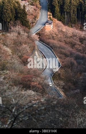 Aus der Vogelperspektive auf gewundenen Straßen zwischen Kirschblüten-Sakura-Bäumen am Mount Yoshino, Nara, Japan Stockfoto