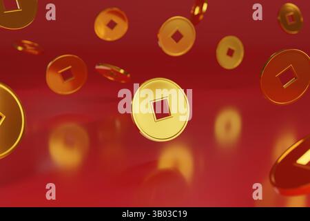 Chinesische Goldmünzen isoliert auf rotem Hintergrund. 3D-Abbildung. Stockfoto