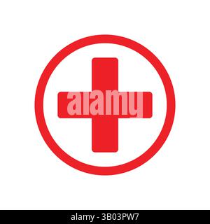 Rotes medizinisches Kreuz im Kreis. Erste Hilfe und Gesundheitswesen Symbol Vektor. Stock Vektor