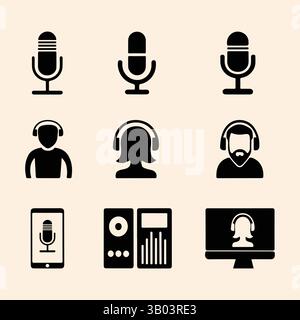 Podcast-Symbolsatz. Symbolsatz für Mikrofonvektor. Mic-Symbolgruppe. Symbolsatz Mikrofon, Mikrofon, Host und Streaming Stock Vektor