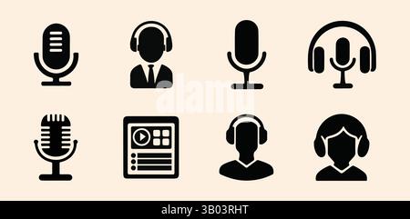 Podcast-Symbolsatz. Symbolsatz für Mikrofonvektor. Mic-Symbolgruppe. Symbolsatz Mikrofon, Mikrofon, Host und Streaming Stock Vektor