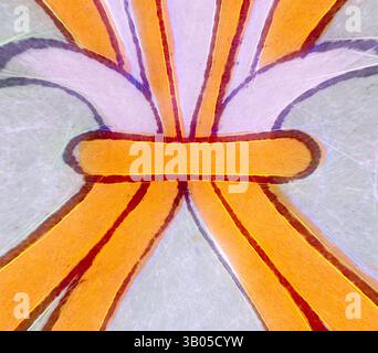 Eine Nahansicht, die komplexe Muster mit kräftigen orangefarbenen Linien im Kontrast zu einem weicheren Hintergrund hervorhebt und ein Gefühl von Tiefe und Komplexität schafft., Ein kreisförmiges Design mit ineinander verflochtenen Bändern in leuchtendem Orange und Lila, elegant über einem hellen Hintergrund angeordnet. Klassische Kunst mit einem modernen Twist von Artotop, transformierte assyrische und persische Ornamente, klassische Kunst mit einem modernen Twist von Artotop Stockfoto