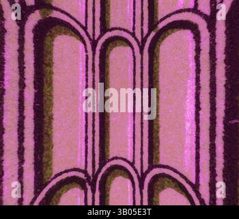 Eine Reihe von geschwungenen Bögen sind in verschiedenen Farben dargestellt, wodurch ein mehrschichtiges, auffälliges Design entsteht, das mit Tiefe und Form spielt. Die Komposition kombiniert organische Linien mit geometrischer Präzision und vermittelt ein Gefühl von Bewegung und Rhythmus. Ein kreisförmiges Design mit einem sich wiederholenden Muster von Bögen in leuchtenden Rosa- und Goldtönen, das einen rhythmischen und stilvollen visuellen Effekt erzeugt. Klassische Kunst mit einem modernen Twist von Artotop, transformierte assyrische und persische Ornamente, klassische Kunst mit einem modernen Twist von Artotop Stockfoto