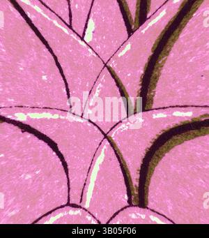 Ein stilisiertes Muster mit überlappenden Kurven und Linien, überwiegend in Rosa und mit dunklen Konturen, die eine abstrakte und künstlerische Komposition schaffen. Ein kreisförmiges Design mit einer Reihe von sich überlappenden, geschwungenen Formen in leuchtendem Pink mit kontrastierenden braunen Konturen, die ein elegantes, mehrschichtiges Muster schaffen. Klassische Kunst mit einem modernen Twist von Artotop, transformierte assyrische und persische Ornamente, klassische Kunst mit einem modernen Twist von Artotop Stockfoto