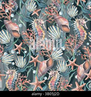 Seepferdchen Muscheln, Algen, Seesterne, Korallen, Meeresschwämme und Kieselsteine, Blasen. Marine-nautische Aquarellillustration der Unterwasserwelt Hand Stockfoto