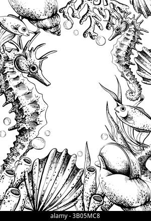 Seepferdchen, Korallen, Schwämme, Algen, Muscheln, Seesterne und Blasen. Handgezeichnete grafische Illustration in schwarz-weißer Strichgrafik. Rahmen Stock Vektor