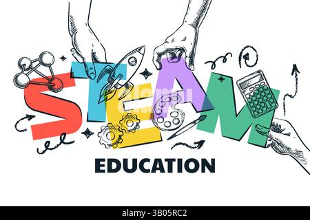 STEM- und DAMPFSCHULBILDUNGSKONZEPT. Lebendige Buchstaben in menschlichen Händen. Vektor Hand gezeichnete Skizze Illustration von Wissenschaft, Technologie, Technik, AR Stock Vektor
