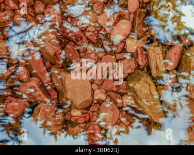 Nahaufnahme der Kieselsteine am Boden eines klaren Wasserbaches, der das Baldachin reflektiert, in einem Wald in den östlichen Andenbergen Kolumbiens. Stockfoto