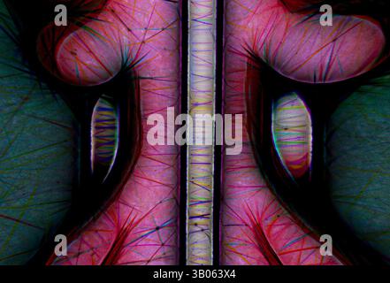 Eine abstrakte Darstellung mit komplizierten Mustern und lebendigen Farben, die organischen Formen ähnelt, die mit scharfen Linien verwoben sind und ein Gefühl von Tiefe und Bewegung schaffen. Eine symmetrische, abstrakte Darstellung eines Gehirns, die komplexe Muster und lebendige Farben zeigt, die seine Konturen und Strukturen betonen und eine visuell eindrucksvolle Darstellung neuronaler Verbindungen schafft. Klassische Kunst mit einem modernen Twist von Artotop, transformiertes chinesisches Ornament, klassische Kunst mit einem modernen Twist von Artotop Stockfoto