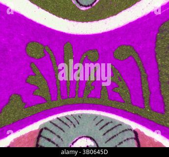 Ein lebendiges abstraktes Design mit geschwungenen Formen und komplizierten Mustern in kräftigen Rosa- und Grüntönen, das ein Gefühl von Bewegung und organischen Formen weckt. Ein kreisförmiges Muster mit kräftigen, lebendigen Farben und komplexen Designs, einschließlich floraler Motive und dekorativer Wirbel, in einem reichen Farbteppich. Klassische Kunst mit einem modernen Twist von Artotop, transformiertes chinesisches Ornament, klassische Kunst mit einem modernen Twist von Artotop Stockfoto