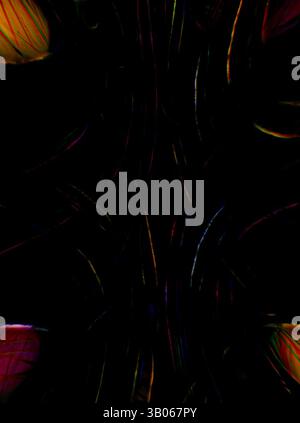 Ein dynamisches Zusammenspiel aus wirbelnden Linien und lebendigen Farbtönen bildet einen Kontrast vor dunklem Hintergrund und vermittelt ein Gefühl von Bewegung und Tiefe. Organische Formen entstehen, die an Blätter oder Blütenblätter erinnern und eine abstrakte Darstellung der Natur schaffen. Ein kreisförmiges Design mit ineinander verflochtenen organischen Formen in lebendigen Farbtönen, die sich mit einem dunklen Hintergrund abheben. Die Formen scheinen vor Energie zu pulsieren, was ein Gefühl von Bewegung und Tiefe innerhalb einer symmetrischen Komposition hervorruft. Klassische Kunst mit modernem Touch, neu interpretiert von Artotop, verwandeltes keltisches Ornament, Klassische Kunst mit modernem Touch, neu interpretiert von Artotop Stockfoto