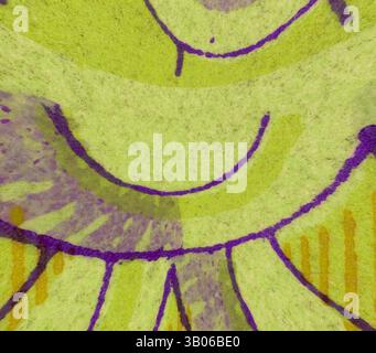 Ein lebhaftes abstraktes Design mit kräftigen, geschwungenen Linien in Gelb- und Violetttönen, das eine auffällige und verspielte Komposition schafft. Ein kreisförmiges Design mit mehrschichtigen Jakobsmuscheln in leuchtendem Grün, mit violetten Umrissen und zarten gelben Details, die ein verspieltes und auffälliges Muster schaffen. Klassische Kunst mit modernem Touch, neu interpretiert von Artotop, transformiertes Renaissance Ornament, Klassische Kunst mit modernem Touch, neu interpretiert von Artotop Stockfoto