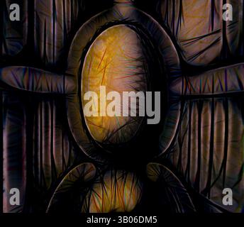 Eine abstrakte Komposition mit ineinander verflochtenen Formen und einer zentralen ovalen Form, umgeben von strukturierten Linien, die ein Gefühl von Tiefe und Bewegung erzeugen. Leuchtende Farben tauchen subtil in den dunklen Tönen auf und fügen dem visuellen Zusammenspiel Komplexität hinzu. Ein abstraktes Design mit einer zentralen ovalen Form, umgeben von komplizierten, wirbelnden Mustern, die eine Verschmelzung organischer und geometrischer Elemente suggerieren. Die dominanten Farben erzeugen einen auffälligen Kontrast und lenken die Aufmerksamkeit auf die detaillierten Texturen und Formen. Klassische Kunst mit modernem Touch, neu interpretiert von Artotop, transformiertes Renaissance Ornament, klassische Kunst Stockfoto