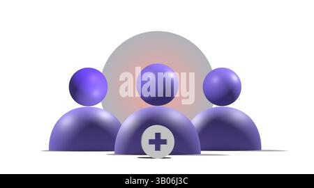 3D-Illustration einer Teamgruppe mit Symbol „Hinzufügen“, die Community, Zusammenarbeit, Benutzer, Netzwerk, und Organisation Stockfoto