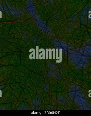 Ein verworrenes Netz aus Grün- und Blautönen verschränkt sich und schafft eine abstrakte Landschaft, die ein Gefühl von Tiefe und Dichte weckt. Die komplizierten Linien deuten auf eine natürliche Umgebung hin, die an Laub und Schatten erinnert, Die zusammen tanzen. Eine strukturierte kreisförmige Darstellung eines Planeten mit einer grünen Oberfläche, die mit dunkleren Tönen verflochten ist und von einer blauen Umrandung umgeben ist, die auf eine organische oder natürliche Landschaft hinweist. Helle, spitze Akzente setzen sich aus den Kanten hervor und sorgen für einen faszinierenden Kontrast. Klassische Kunst mit modernem Touch, neu interpretiert von Artotop, transformiertes Mediæval Ornament, klassische Kunst mit modernem Touch Stockfoto