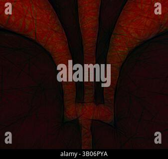 Eine abstrakte Darstellung von ineinander verflochtenen Formen und lebendigen Texturen, die auffällige Rottöne mit dunklen, kontrastierenden Linien vermischen und ein Gefühl von Tiefe und Komplexität wecken., Ein kreisförmiges Design mit abstrakter, organischer Form mit fließenden Linien und kontrastierenden Farben, die eine auffällige, symmetrische Komposition schaffen, die den Blick auf sich zieht. Klassische Kunst mit modernem Touch, neu interpretiert von Artotop, transformiertes Mediæval Ornament, Klassische Kunst mit modernem Touch, neu interpretiert von Artotop Stockfoto