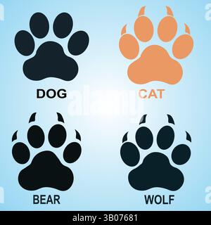 Silhouette des Paw Print Symbols für Hund, Katze, Wolf und Bär mit verlaufendem Hintergrund. Vektorabbildung Stock Vektor
