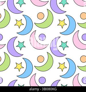 Abstraktes nahtloses Muster mit Monden, Sternen und Kreisen in sanften Farben auf weißem Hintergrund. Cartoon Mond und Sternenhimmel. Perfekt für Nu Stock Vektor