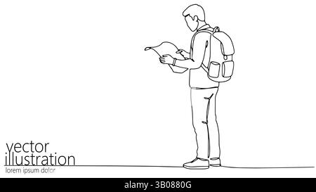 Zeilenkunst Mann liest Karte. Die Person trägt einen Rucksack, steht mit Blick nach unten. Reiseblogs, Tourismus, Entdeckungskonzepte. Konturzeichnung im minimalistischen Stil Stock Vektor