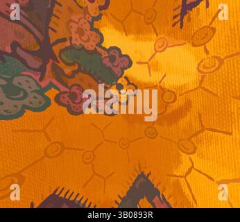 Ein lebendiges und abstraktes Design mit wirbelnden Mustern aus bunten Blumen und geometrischen Formen, die Wärme und Energie ausstrahlen. Die komplizierten Details sorgen für ein dynamisches visuelles Erlebnis und ziehen den Blick in die lebendige Komposition. Ein lebendiges, abstraktes Design mit komplexen floralen Mustern und Zickzack-Linien vor einem warmen orangen Hintergrund. Die Komposition kombiniert organische Motive mit geometrischen Formen und schafft eine visuell ansprechende und dynamische Ästhetik. Klassische Kunst mit modernem Touch, neu interpretiert von Artotop, transformierte französische Stoffe, erste Hälfte des 19. Jahrhunderts Stockfoto