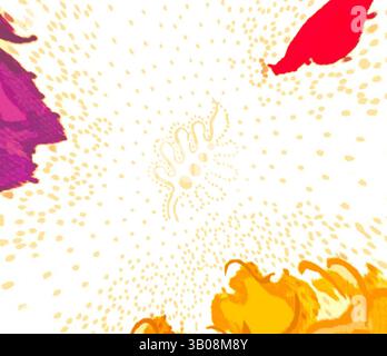 Eine lebendige und abstrakte Darstellung facettenreicher Formen und Farben, die nach außen strahlen und ein Gefühl von Bewegung und Energie schaffen. Das zentrale Design zeichnet sich durch ein kompliziertes Muster aus, umgeben von lebhaften Farbtönen, die eine lebendige, dynamische Atmosphäre hervorrufen. Ein lebendiges kreisförmiges Design mit komplexen Blumenmustern in Rot-, Lila- und Orange-Tönen vor hellem Hintergrund, das einen eleganten und lebendigen visuellen Effekt erzeugt. Klassische Kunst mit einem modernen Twist von Artotop, transformierte französische Stoffe, erste Hälfte des 19. Jahrhunderts, Klassische Kunst mit einem modernen Twist neu interpretiert von Stockfoto