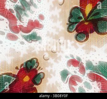 Ein lebhaftes Blumenmuster strotzt von bunten Blüten, die vor einem weichen Hintergrund nach außen strahlen und eine dynamische und lebendige Komposition schaffen. Eine kreisförmige Oberfläche mit einem floralen Muster in leuchtenden Rot- und Grüntönen vor einem weichen, strukturierten Hintergrund mit zarten Punkten. Klassische Kunst mit einem modernen Twist von Artotop, transformierte französische Stoffe, erste Hälfte des 19. Jahrhunderts, klassische Kunst mit einem modernen Twist von Artotop Stockfoto