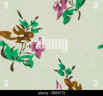 Eine Nahaufnahme der zarten Blumenmuster mit zarten rosa und braunen Blumen, die mit grünen Blättern verwoben sind, schaffen ein charmantes und strukturiertes Design., Ein zarter Stoff mit einem floralen Muster mit weichem grünem Hintergrund, verziert mit Häusern rosa und brauner Blumen, verwoben mit grünen Blättern. Klassische Kunst mit einem modernen Twist von Artotop, transformierte französische Stoffe, erste Hälfte des 19. Jahrhunderts, klassische Kunst mit einem modernen Twist von Artotop Stockfoto