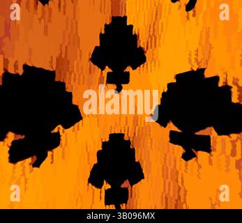 Ein lebendiges abstraktes Design mit kräftigen schwarzen Formen auf einem auffälligen orangefarbenen Hintergrund, das ein dynamisches und auffälliges Muster erzeugt. Ein abstraktes Design mit einer Reihe dunkler, stilisierter Baumformen, die in einem sich wiederholenden Muster auf einem warmen, strukturierten Hintergrund angeordnet sind. Die Gesamtkomposition strahlt ein verspieltes und organisches Gefühl aus. Klassische Kunst mit einem modernen Twist von Artotop, transformierte französische Stoffe, erste Hälfte des 19. Jahrhunderts, klassische Kunst mit einem modernen Twist von Artotop Stockfoto
