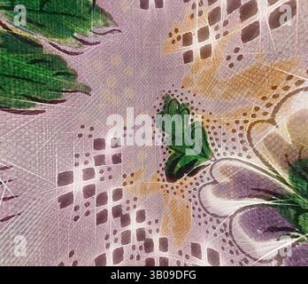 Eine abstrakte Komposition mit lebendigen botanischen Elementen mit komplizierten Mustern und Texturen, die eine Mischung aus Grün, Violett und sanften Herbsttönen präsentiert. Das Design lädt zu einem genaueren Blick auf die zarten Details und organischen Formen ein. Die kreisförmige Oberfläche ist mit komplizierten Blumenmustern und zarten, spitzenähnlichen Designs in weichen Pastelltönen verziert. Klassische Kunst mit einem modernen Twist von Artotop, transformierte französische Stoffe, erste Hälfte des 19. Jahrhunderts, klassische Kunst mit einem modernen Twist von Artotop Stockfoto