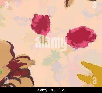 Eine Nahaufnahme von leuchtenden rosa Rosen, die mit sanften Pastelltönen verwoben sind, schaffen ein skurriles Blumenmuster, das ein Gefühl von Wärme und Verspieltheit einfängt. Ein runder Teller mit leuchtenden Blumenmustern mit großen, stilisierten Blüten in Gelb- und Brauntönen, ergänzt durch rote Blüten vor einem weichen, pastellfarbenen Hintergrund. Klassische Kunst mit einem modernen Twist von Artotop, transformierte französische Stoffe, erste Hälfte des 19. Jahrhunderts, klassische Kunst mit einem modernen Twist von Artotop Stockfoto