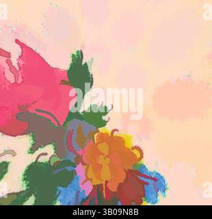 Ein lebhaftes Arrangement abstrakter Blumen in sanften Farben, die Rosa-, Orange- und Petrol-Farbtöne vor einem sanften Hintergrund vermischen. Die Komposition weckt ein Gefühl von Laune und Kreativität. Ein kreisförmiges Design mit leuchtenden Blüten in Rosa, Gelb und Blau, die von üppigen grünen Blättern vor einem weichen, strukturierten Hintergrund akzentuiert werden. Klassische Kunst mit einem modernen Twist von Artotop, transformierte französische Stoffe, erste Hälfte des 19. Jahrhunderts, klassische Kunst mit einem modernen Twist von Artotop Stockfoto