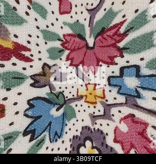 Ein lebhaftes Blumenmuster mit einer Mischung aus kräftigen, bunten Blüten und Blättern vor einem gepunkteten Hintergrund, das ein auffälliges und lebendiges Design schafft. Ein kreisförmiges Design mit einem lebhaften Blumenmuster mit bunten Blüten und zarten Blättern vor einem hellen Hintergrund mit kleinen Punkten. Klassische Kunst mit einem modernen Twist von Artotop, transformierte französische Stoffe, erste Hälfte des 19. Jahrhunderts, klassische Kunst mit einem modernen Twist von Artotop Stockfoto