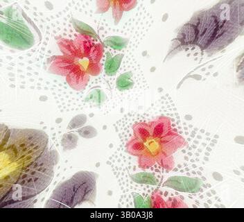 Ein zartes Muster mit leuchtenden Blumen und dezenten Blättern, verwoben mit komplizierten Punktmustern, die eine strukturierte und mehrschichtige Optik schaffen. Eine runde Platte mit einem zarten Blumenmuster mit leuchtenden rosa, gelben und lila Blüten auf einem strukturierten weißen Hintergrund, die eine charmante Vintage-Ästhetik schaffen. Klassische Kunst mit einem modernen Twist von Artotop, transformierte französische Stoffe, erste Hälfte des 19. Jahrhunderts, klassische Kunst mit einem modernen Twist von Artotop Stockfoto