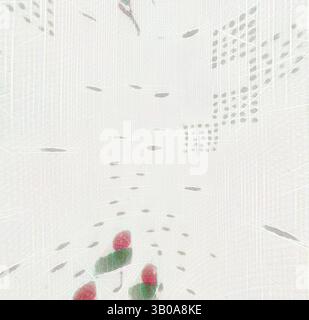 Ein zartes Arrangement mit sanften Texturen und abstrakten Mustern, mit Anklängen von Rot und Grün durch eine überwiegend helle Kulisse, die eine ätherische und ruhige Atmosphäre schafft. Eine zarte kreisförmige Oberfläche mit dezenten Blumenmustern und kleinen, bunten Akzenten, die ein sanftes und strukturiertes Design schaffen. Klassische Kunst mit einem modernen Twist von Artotop, transformierte französische Stoffe, erste Hälfte des 19. Jahrhunderts, klassische Kunst mit einem modernen Twist von Artotop Stockfoto